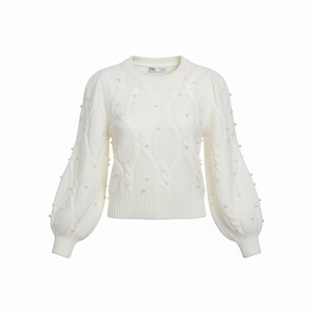 Zara Faux Pearl Alpaca Wool Blend Ivory Balloon Sleeve‎ Sweater Size Small